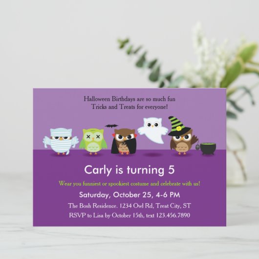 Halloween Uilen in Kostuum Verjaardag Uitnodiging (Staand voorkant)