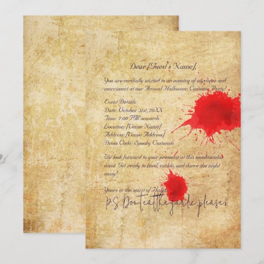 Halloween Uitnodiging Kaart met Bloedvlekken (Voorkant / Achterkant)