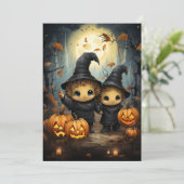 Halloween uitnodiging kind heksen gelukkig pompoen (Staand voorkant)