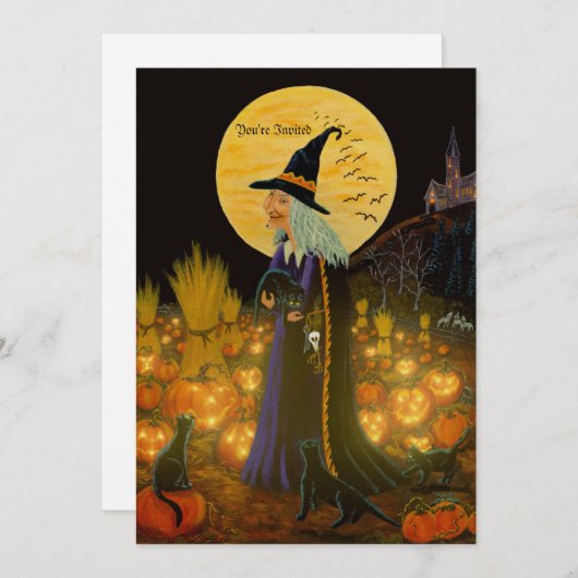 Halloween uitnodiging ,witch in een Jack-O-Lantern (Voorkant / Achterkant)