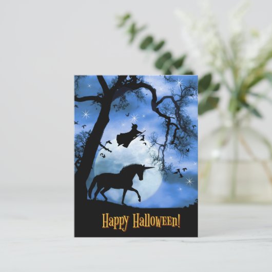 Halloween Unicorn en heks Briefkaart (Staand voorkant)
