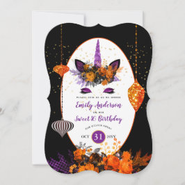 Halloween Unicorn Face Birthday Paars Oranje Gold Kaart