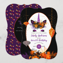 Halloween Unicorn Face Birthday Paars Oranje Gold Kaart