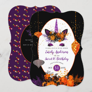 Halloween Unicorn Face Birthday Paars Oranje Gold Kaart