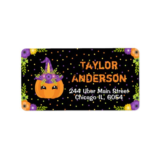 Halloween Unicorn Floral Pumpkin Black en Sinaasap Etiket (Voorkant)