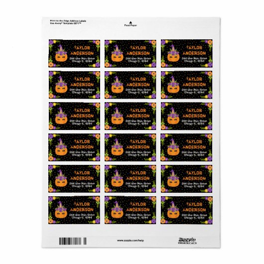 Halloween Unicorn Floral Pumpkin Black en Sinaasap Etiket (Full Sheet)