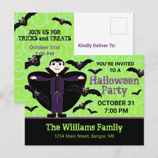 Halloween Vampier met Vleermuizen Uitnodiging Briefkaart (Voorkant / Achterkant)