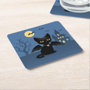 Halloween Vampier Zwarte Kat met Vleugels Kartonnen Onderzetters