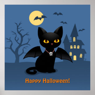 Halloween Vampier Zwarte Kat met Vleugels Poster
