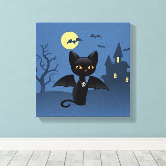 Halloween Vampire Black Cat met Wings Canvas Afdruk (Insitu (Houten vloer))