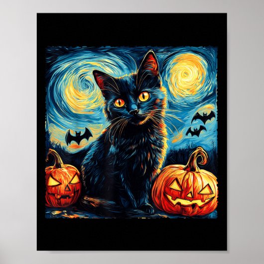 Halloween Van Gogh Starry Night Black Cat Pumpkins Poster (Voorkant)