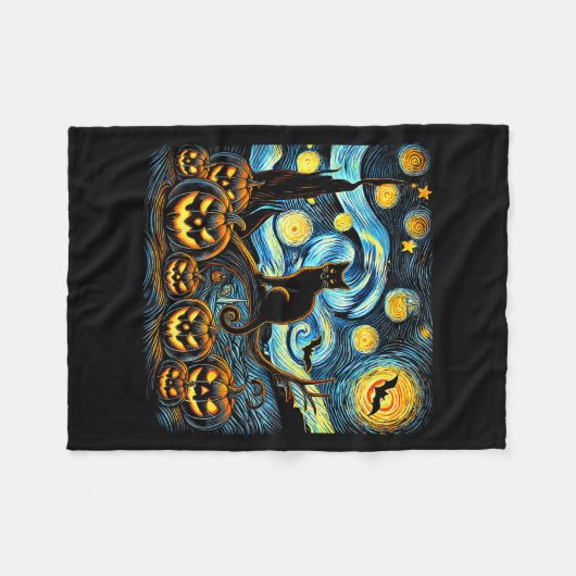 Halloween Van Gogh Starry Night Pumpkin Black Cat  Fleece Deken (Voorkant (Horizontaal))