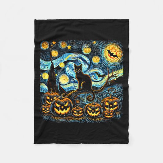Halloween Van Gogh Starry Night Pumpkin Black Cat  Fleece Deken (Voorkant)