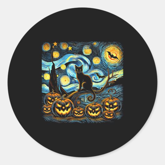 Halloween Van Gogh Starry Night Pumpkin Black Cat  Ronde Sticker (Voorkant)