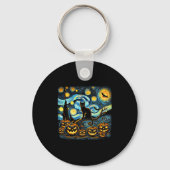 Halloween Van Gogh Starry Night Pumpkin Black Cat  Sleutelhanger (Voorkant)