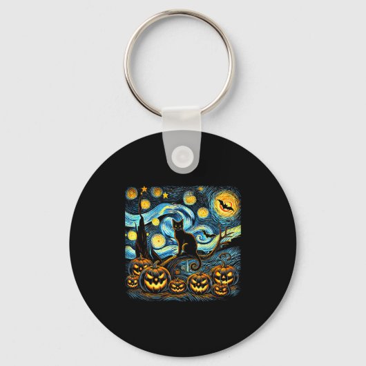Halloween Van Gogh Starry Night Pumpkin Black Cat  Sleutelhanger (Voorkant)