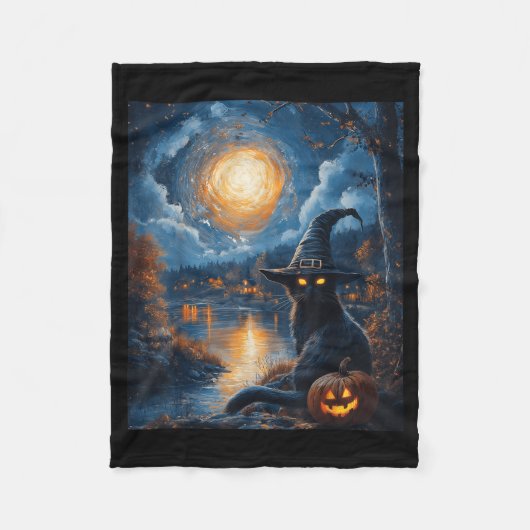 Halloween Van Gogh Starry Night Zwarte Kat Pompoen Fleece Deken (Voorkant)