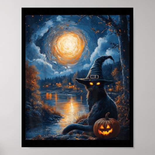 Halloween Van Gogh Starry Night Zwarte Kat Pompoen Poster (Voorkant)