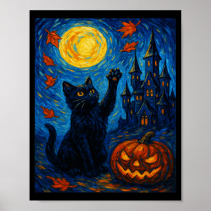Halloween Van Gogh Starry Night Zwarte Kat Pompoen Poster