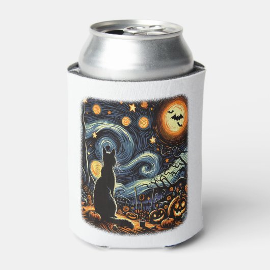 Halloween Van Gogh Sterrennacht Black Cat Pumpkins Blikjeskoeler (Blikje Voorkant)