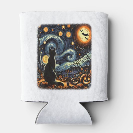 Halloween Van Gogh Sterrennacht Black Cat Pumpkins Blikjeskoeler (Achterkant)