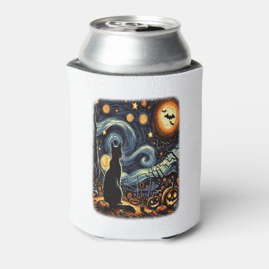 Halloween Van Gogh Sterrennacht Black Cat Pumpkins Blikjeskoeler (Blikje Achterkant)