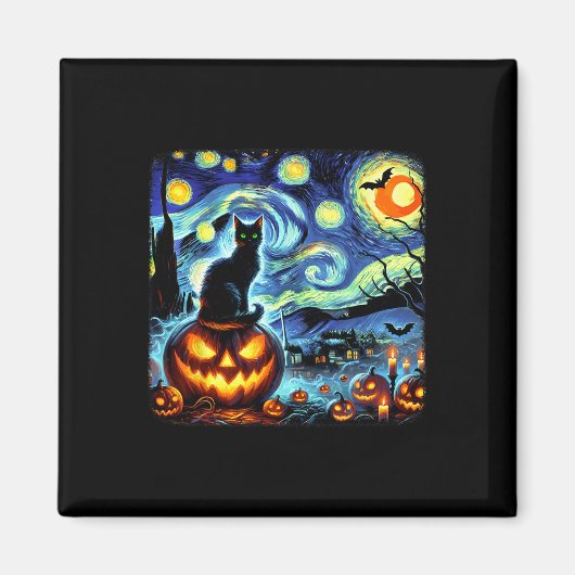 Halloween Van Gogh Sterrennacht Black Cat Pumpkins Magneet (Voorkant)