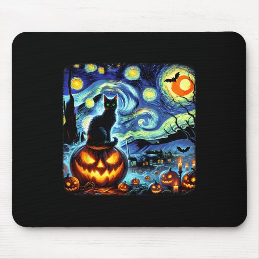 Halloween Van Gogh Sterrennacht Black Cat Pumpkins Muismat (Voorkant)