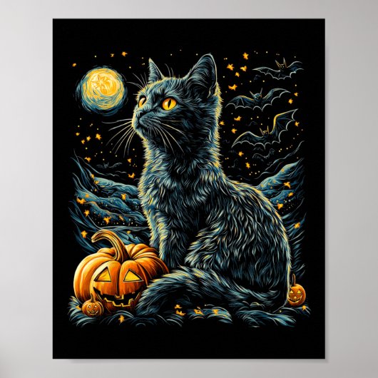 Halloween Van Gogh Sterrennacht Black Cat Pumpkins Poster (Voorkant)
