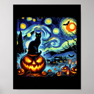 Halloween Van Gogh Sterrennacht Black Cat Pumpkins Poster