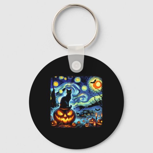 Halloween Van Gogh Sterrennacht Black Cat Pumpkins Sleutelhanger (Voorkant)