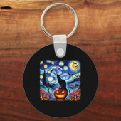 Halloween Van Gogh Sterrennacht Black Cat Pumpkins Sleutelhanger (Voorkant)