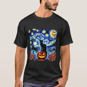 Halloween Van Gogh Sterrennacht Black Cat Pumpkins T-shirt