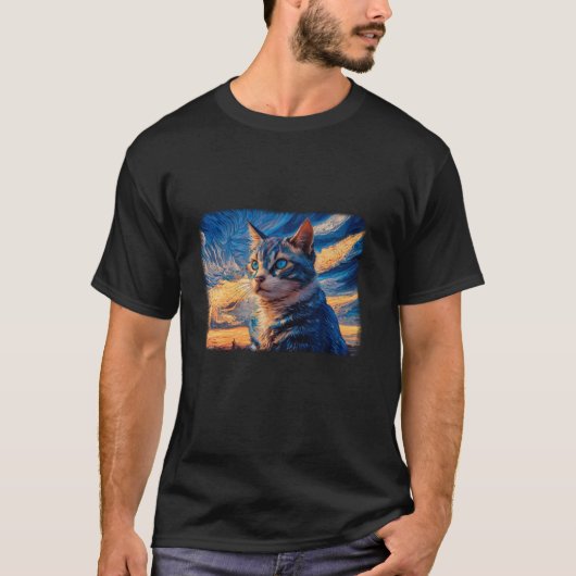 Halloween Van Gogh Sterrennacht Black Cat T Shirt (Voorkant)