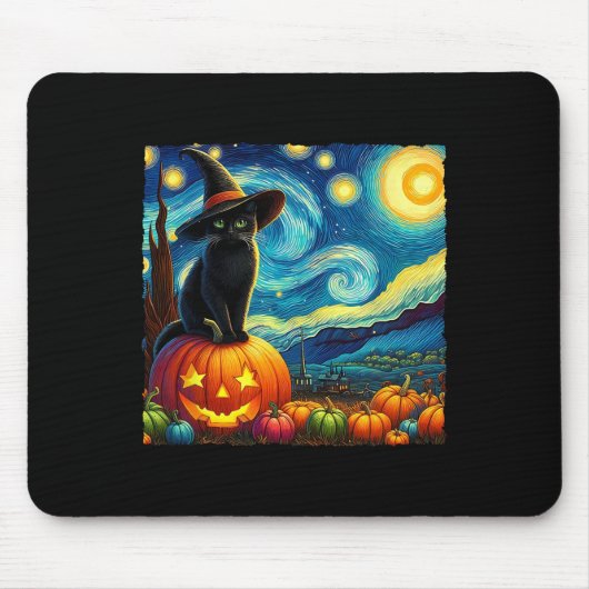 Halloween Van Gogh Sterrennacht Black Cat Witch Ha Muismat (Voorkant)