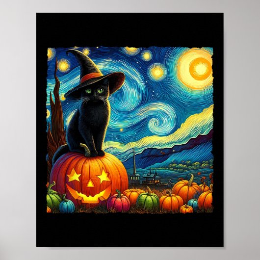 Halloween Van Gogh Sterrennacht Black Cat Witch Ha Poster (Voorkant)