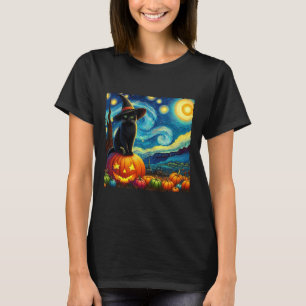 Halloween Van Gogh Sterrennacht Black Cat Witch Ha T-shirt