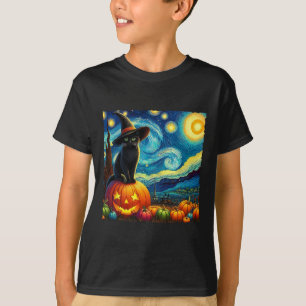 Halloween Van Gogh Sterrennacht Black Cat Witch Ha T-shirt