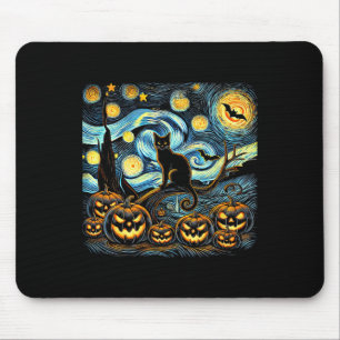 Halloween Van Gogh Sterrennacht Pompoen Zwarte Kat Muismat