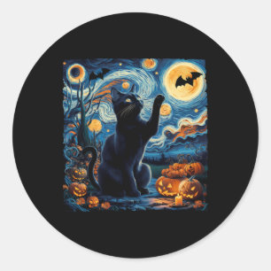Halloween Van Gogh 'Sterrennacht Zwarte Kat Pompoe Ronde Sticker