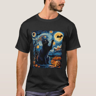 Halloween Van Gogh 'Sterrennacht Zwarte Kat Pompoe T-shirt
