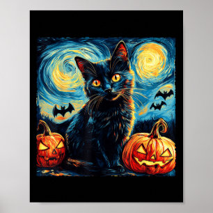 Halloween Van Gogh Sterrennacht Zwarte Kat Pompoen Poster