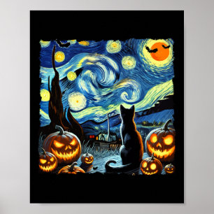 Halloween Van Gogh Sterrennacht Zwarte kat Poster