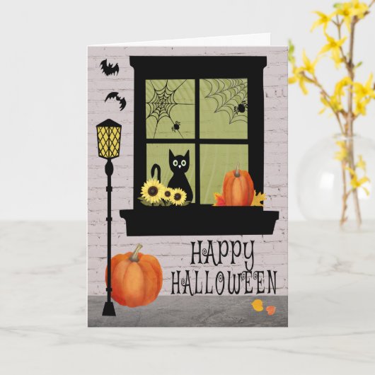 Halloween-venster met zwarte kat en pompoenen kaart (Gele Bloem)