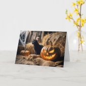 Halloween Verjaardag Jack-o-Lantern en Barn Cat Kaart (Gele Bloem)