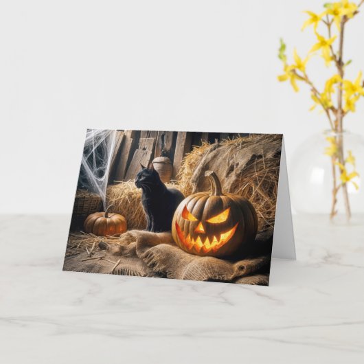 Halloween Verjaardag Jack-o-Lantern en Barn Cat Kaart (Gele Bloem)