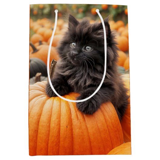 Halloween Verjaardag Kitten op Pompoen Medium Cadeauzakje (Voorkant)
