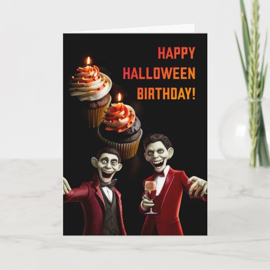 Halloween Verjaardag met Cupcakes en Ghouls Wijn Kaart (Voorkant)