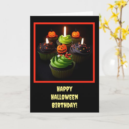 Halloween Verjaardag met Cupcakes Schattige Kaart (Gele Bloem)