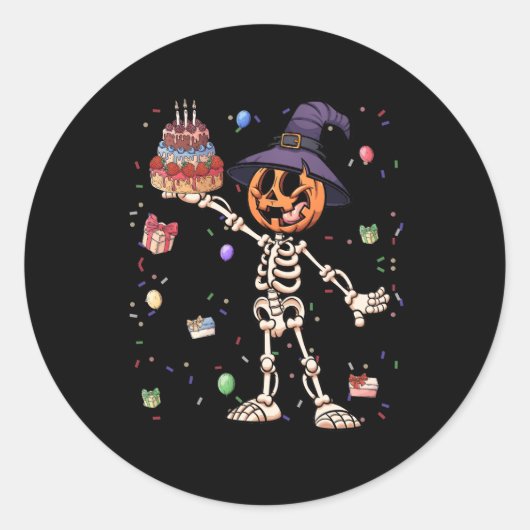 Halloween Verjaardag Outfit Pompoen Skelet Verjaar Ronde Sticker (Voorkant)